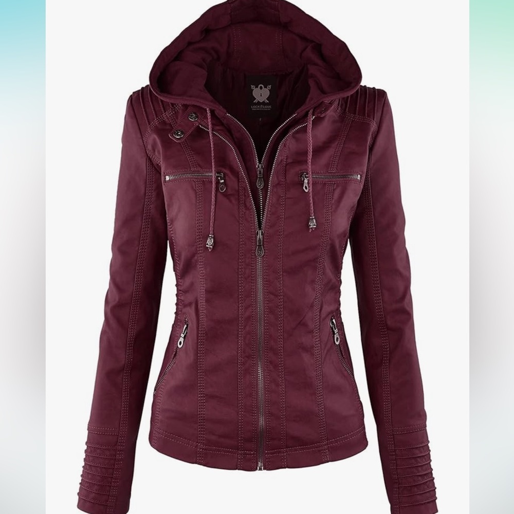 Women's Removable Hooded Faux Leather Jacket Moto Biker Coat
